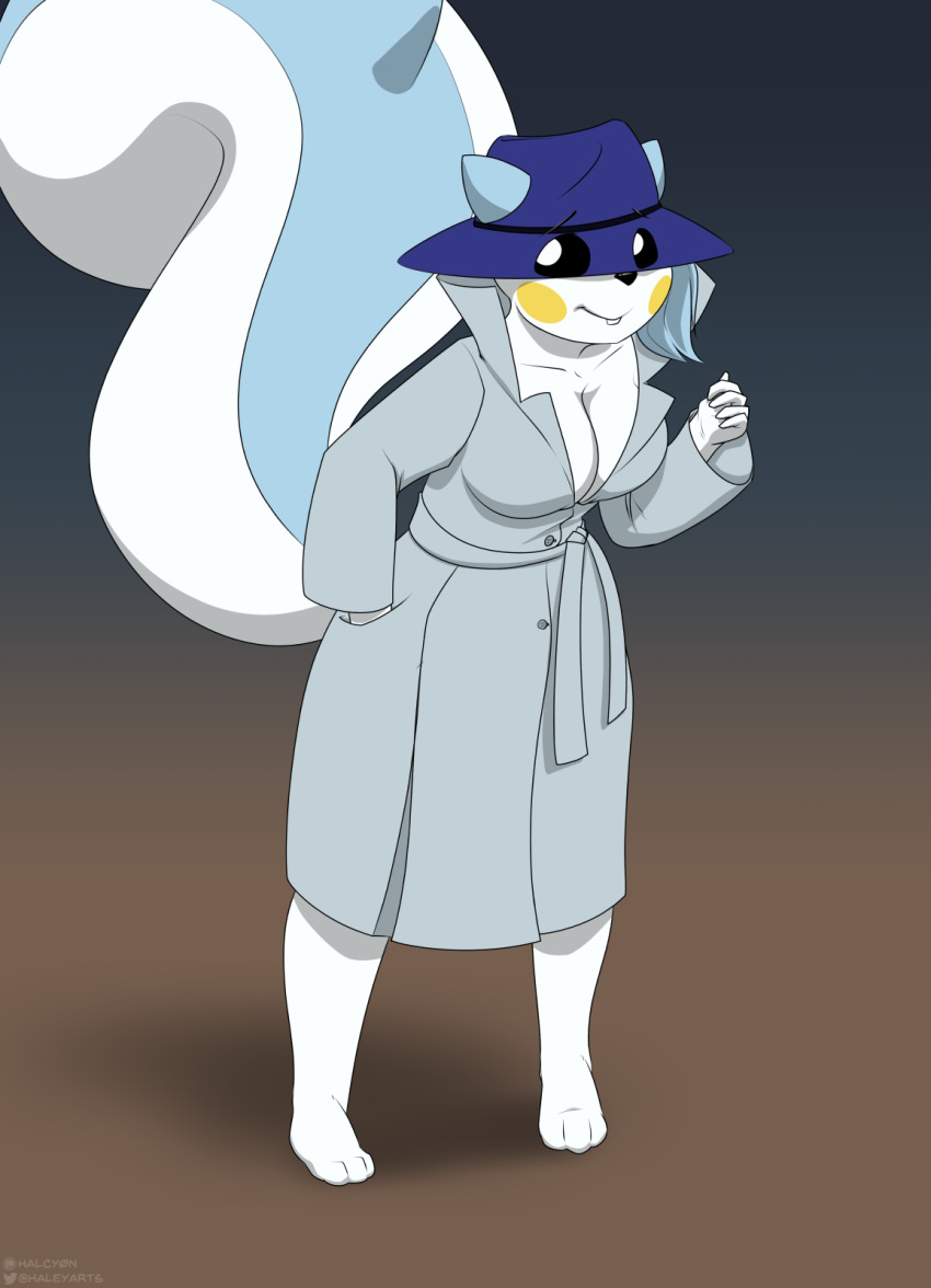 2023 5_fingers anthro barefoot big_breasts breasts buckteeth clothing coat feet female fingers generation_4_pokemon halcy0n hat headgear headwear hi_res looking_aside nintendo pachirisu pokemon pokemon_(species) simple_background smile solo standing tail teeth topwear trenchcoat yellow_cheeks