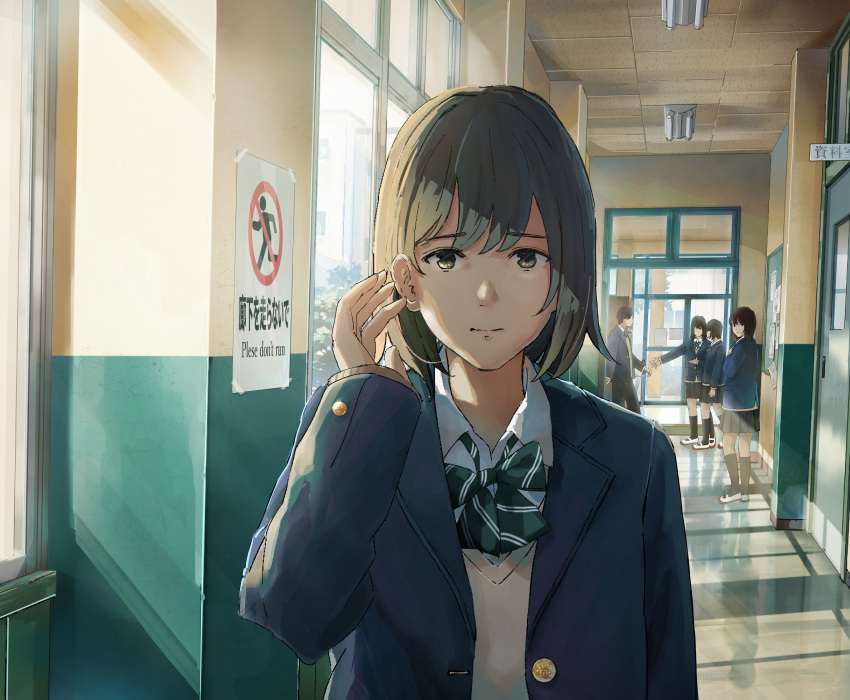 1boy 4girls absurdres black_hair black_socks blazer bow brown_hair day green_bow hallway hand_up highres jacket multiple_girls original reflection sakura_inu_(itoyatomo) school_uniform shadow sign socks sweater_vest upper_body