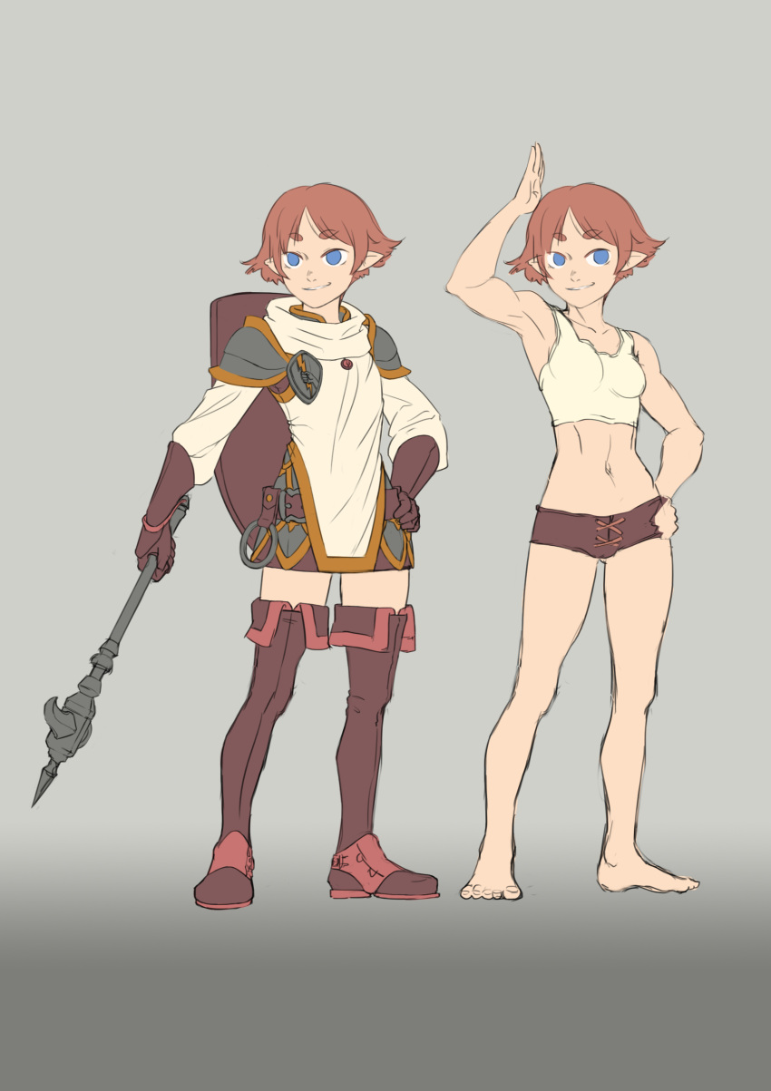 absurdres armor blue_eyes breastplate brown_hair dungeons_and_dragons gauntlets gloves grey_background hanpixe highres holding holding_weapon pauldrons pointy_ears shield shield_on_back short_shorts shorts shoulder_armor tank_top thighhighs war_hammer weapon