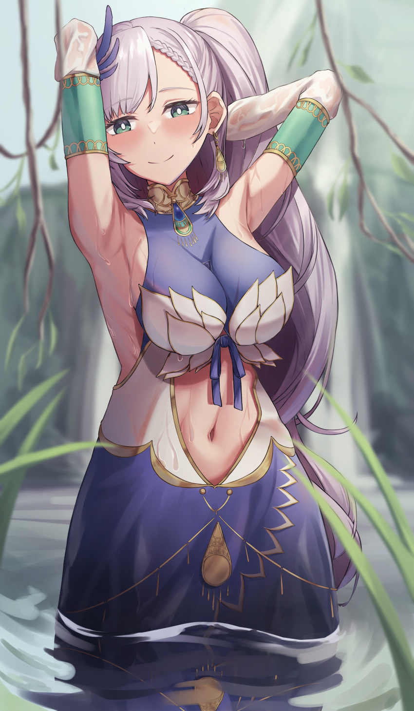 1girl absurdres armpits arms_up ars_rg0412 blue_dress blue_eyes blush breasts cleavage clothing_cutout commission detached_sleeves dress feather_hair_ornament feathers grey_hair hair_ornament highres hololive hololive_indonesia large_breasts long_hair looking_at_viewer pavolia_reine pavolia_reine_(1st_costume) see-through see-through_sleeves side_ponytail skeb_commission sleeveless sleeveless_dress smile solo stomach_cutout very_long_hair virtual_youtuber wading water white_sleeves