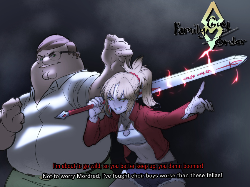 1boy 1girl absurdres blonde_hair braid cleft_chin collared_shirt cutoffs denim denim_shorts double_chin english_text family_guy fat fat_man fate/grand_order fate_(series) glasses green_eyes green_pants grin hair_ornament hair_scrunchie highres holding holding_sword holding_weapon jacket kowai_(iamkowai) mordred_(fate) navel pants peter_griffin ponytail red_jacket round_eyewear scrunchie shirt short_hair shorts smile smirk stomach subtitled sword teeth very_short_hair weapon white_shirt