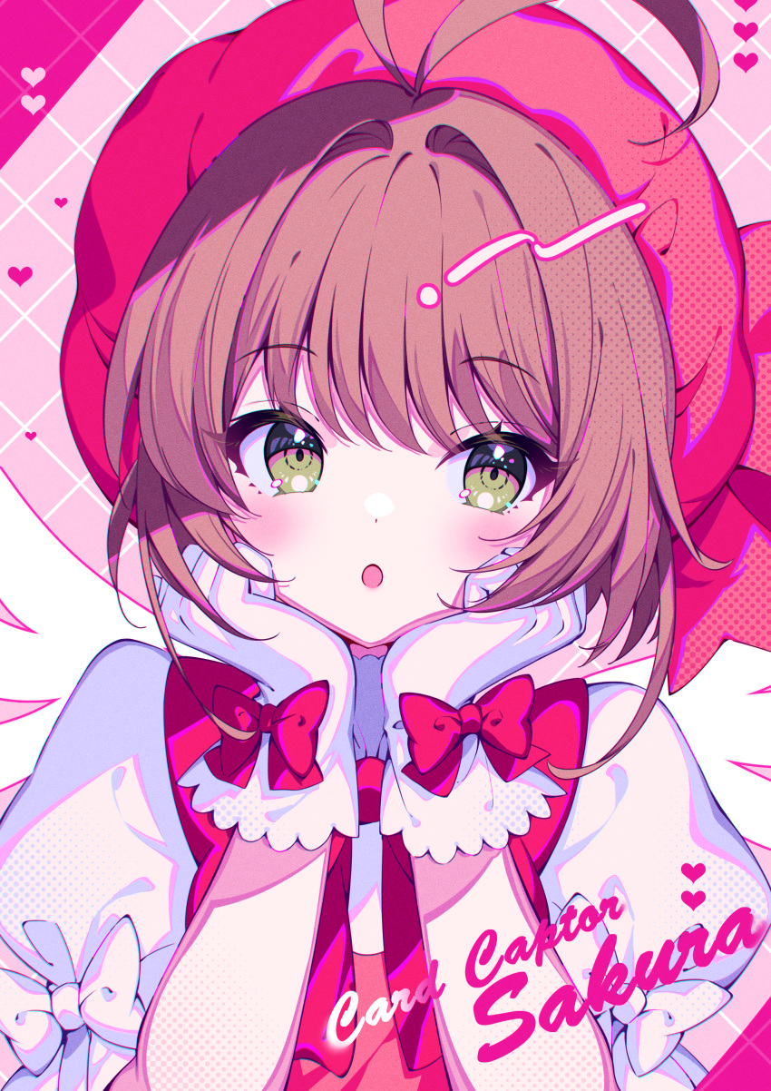 1girl :o absurdres antenna_hair beret blush bow brown_eyes brown_hair cardcaptor_sakura character_name commentary_request fake_wings glove_bow gloves hair_intakes hands_on_own_cheeks hands_on_own_face hat hat_bow head_rest heart highres kinomoto_sakura looking_at_viewer mixed-language_commentary open_mouth pink_background puffy_short_sleeves puffy_sleeves red_bow red_headwear shirt short_hair short_sleeves sleeve_bow solo tatejima_uri tile_background upper_body white_bow white_gloves white_shirt white_wings wings