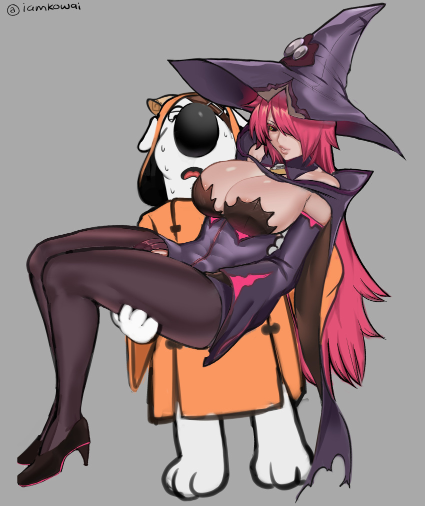 1boy 1girl absurdres black_pantyhose blazblue breasts brian_griffin cape carrying character_request cleavage cosplay detached_collar detached_sleeves dog family_guy hair_over_one_eye hat highres hood hood_up konoe_a._mercury kowai_(iamkowai) large_breasts long_hair pantyhose pink_hair princess_carry purple_cape purple_headwear purple_sleeves sweat witch witch_hat yellow_eyes