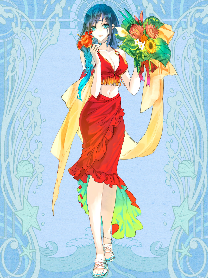 1girl :d aoi_fujimiya blue_background blue_eyes blue_nails bouquet braid breasts cleavage dairoku_ryouhei feet flower full_body gradient_hair hibiscus highres holding holding_bouquet holding_flower legs lily_(flower) long_hair looking_at_viewer medium_breasts midriff multicolored_hair nail_polish navel red_skirt sandals shachi_(tw) skirt smile solo standing toenail_polish toenails toes