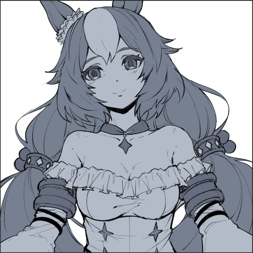 1girl animal_ears bare_shoulders blush border breasts cleavage closed_mouth dress greyscale hair_tubes highres horse_ears long_hair long_sleeves looking_at_viewer low_twintails monochrome off-shoulder_dress off_shoulder pendant_choker shiro3necro small_breasts smile solo twintails umamusume upper_body yamanin_zephyr_(umamusume)
