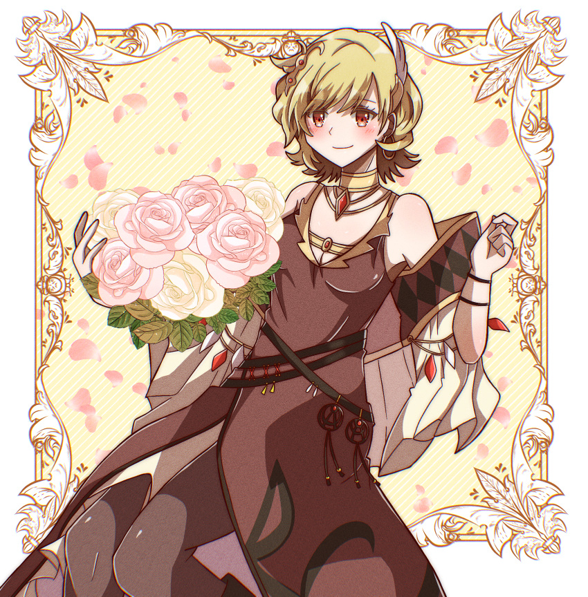 1girl bare_shoulders blonde_hair bouquet brown_dress choker citrinne_(fire_emblem) closed_mouth detached_sleeves dress feather_hair_ornament feathers fire_emblem fire_emblem_engage flower gem gold_choker hair_ornament highres holding holding_bouquet jewelry long_dress looking_at_viewer necklace red_eyes shawl short_hair smile solo user_mmfe4722