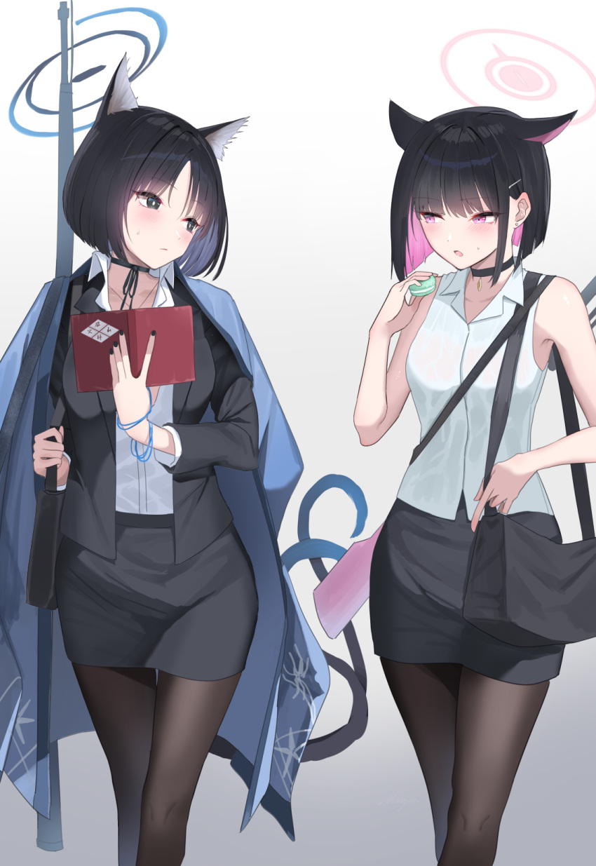2girls animal_ears black_choker black_hair black_jacket black_pantyhose black_skirt blazer blue_archive blunt_ends blush cat_ears cat_tail choker colored_inner_hair commentary_request extra_ears gun gun_on_back gun_sling halo haori highres jacket japanese_clothes kazusa_(blue_archive) kikyou_(blue_archive) looking_at_another miniskirt multicolored_hair multiple_girls multiple_tails office_lady pantyhose partial_commentary pencil_skirt pink_hair shirt short_hair shougun_(chuckni1) sideways_glance simple_background skirt sleeveless sleeveless_shirt sweatdrop tail trait_connection two-tone_hair weapon weapon_on_back white_background white_shirt
