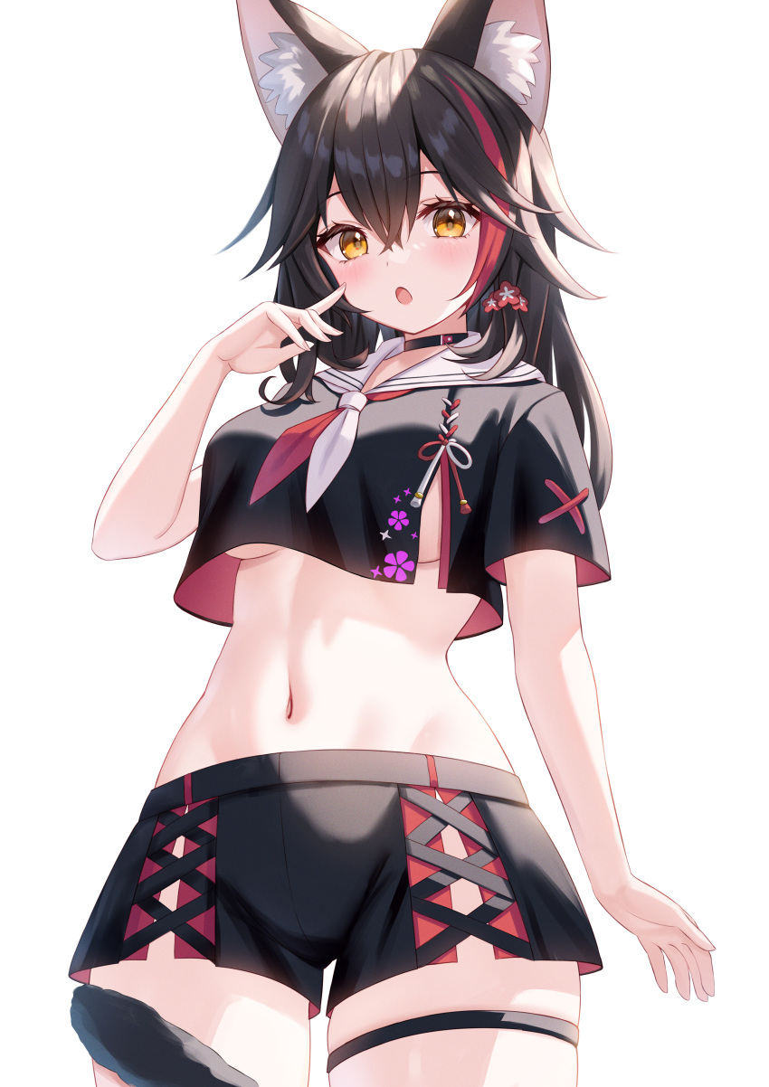 1girl absurdres animal_ear_fluff animal_ears black_choker black_hair black_shirt black_shorts blush breasts choker cropped_shirt highres hololive long_hair looking_at_viewer medium_breasts multicolored_hair official_alternate_costume ookami_mio ookami_mio_(7th_costume) open_mouth red_hair shirt shorts solo streaked_hair tail tail_around_own_leg thigh_strap togemaru34 virtual_youtuber wolf_ears wolf_girl wolf_tail