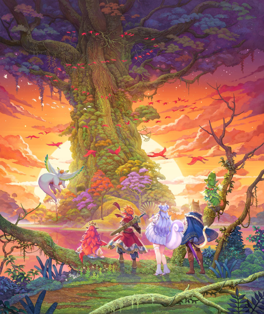 animal_ears bird cat_ears cat_tail flammie haccan highres key_visual official_art plant promotional_art scenery seiken_densetsu standing sunset sword tail tree visions_of_mana weapon weapon_on_back wings