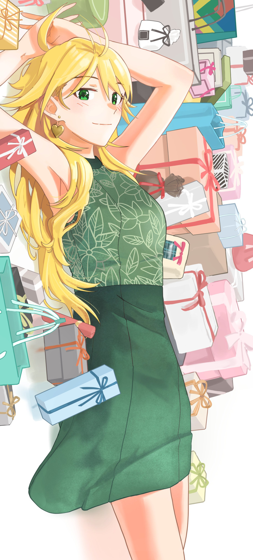 1girl absurdres ahoge armpits arms_up blonde_hair earrings epitaph_(1122) eyelashes gift gift_bag gold_earrings green_eyes green_shirt green_skirt heart heart_earrings highres hoshii_miki idolmaster idolmaster_(classic) idolmaster_million_live! idolmaster_million_live!_theater_days jewelry light_blush light_smile looking_at_viewer lying messy_hair on_floor shirt sideways skirt sleeveless sleeveless_shirt smile solo