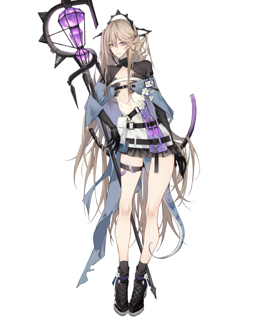 1girl absurdres arknights black_footwear black_gloves blonde_hair blue_cloak breasts cloak closed_mouth dress full_body gloves highres holding holding_scepter indigo_(arknights) legs long_hair looking_at_viewer pointy_ears purple_eyes scepter shinyuxo shoes small_breasts socks solo standing very_long_hair white_background white_dress