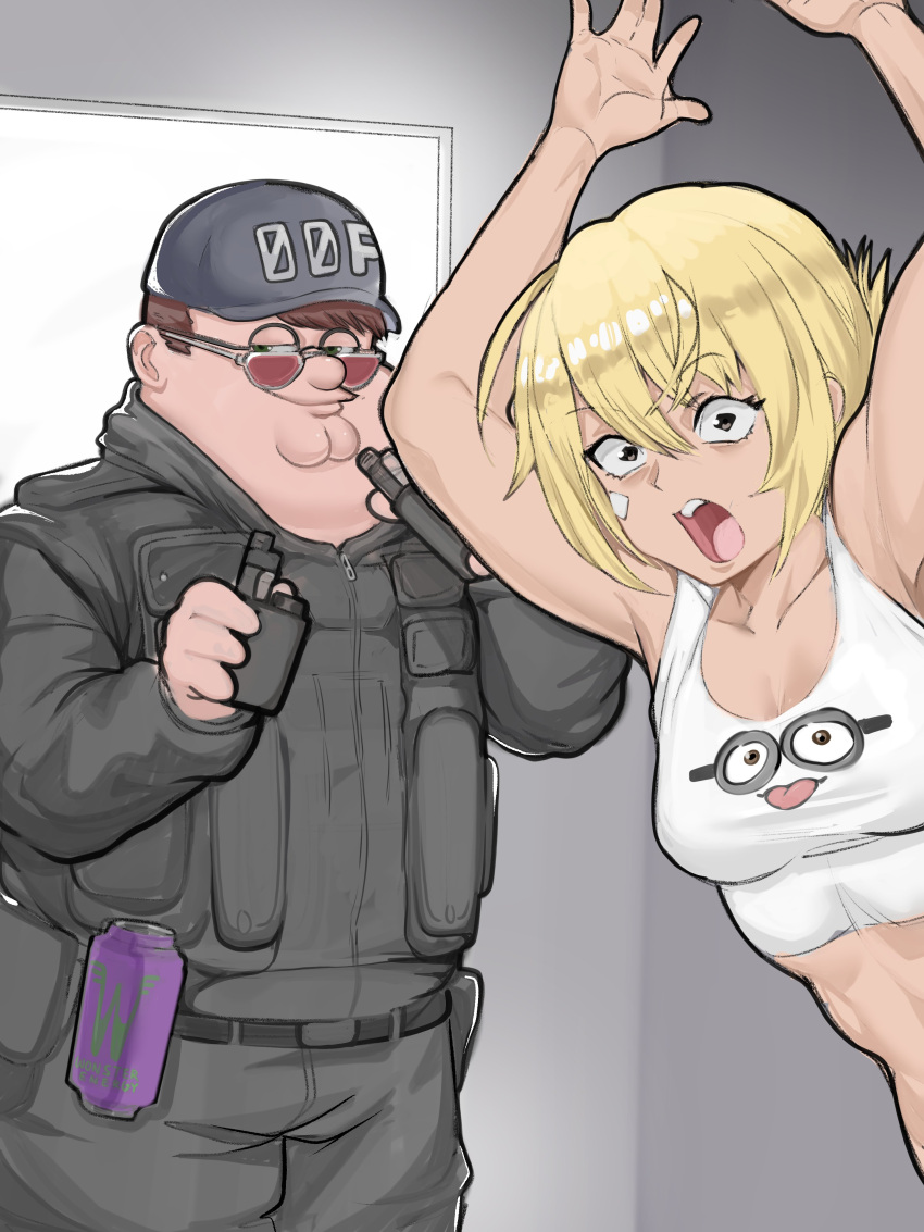 1boy 1girl absurdres blonde_hair brown_eyes brown_hair character_request cleft_chin commission cropped_shirt double_chin electronic_cigarette eri_(uragoner) family_guy fat fat_man glasses green_eyes helm helmet highres kowai_(iamkowai) midriff military_uniform minion_(despicable_me) peter_griffin red-tinted_eyewear round_eyewear second-party_source short_hair sunglasses tinted_eyewear uniform uragoner very_short_hair