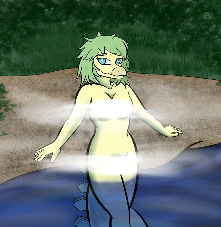 2023 5_fingers anthro blue_eyes breasts cleavage clothed clothing colored convenient_censorship detailed_background dinosaur female fingers goodbye_volcano_high grass green_body green_scales hi_res leaf long_tail looking_at_viewer nude ornithischian outside plant reptile scales scalie slight_smile snoot_game snout solo steam stegosaurian stegosaurus stella_(snoot_game) tail tail_plates thyreophoran v_r_z water