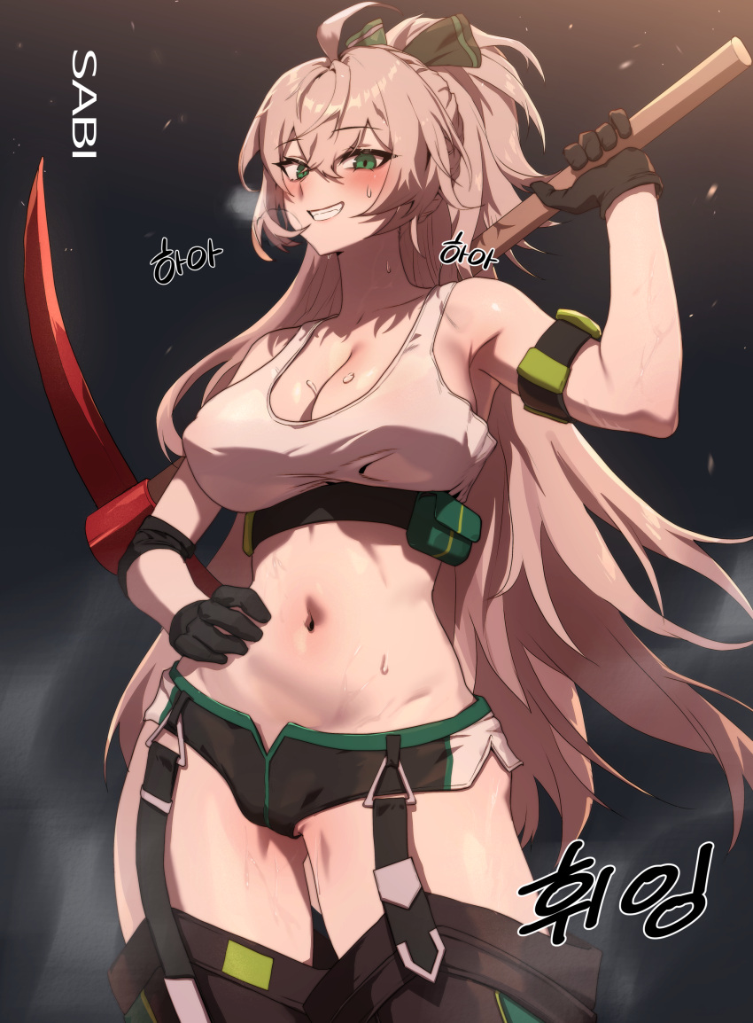 1girl absurdres ahoge artist_name blush breasts brown_hair cleavage clenched_teeth elsword garter_straps green_eyes hand_on_own_hip high_ponytail highres holding holding_pickaxe lithia_beryl_(elsword) long_hair messy_hair pickaxe ponytail pussy pussy_peek sabi_(ghke4333) short_shorts shorts smile solo stomach sweat teeth thighhighs very_long_hair