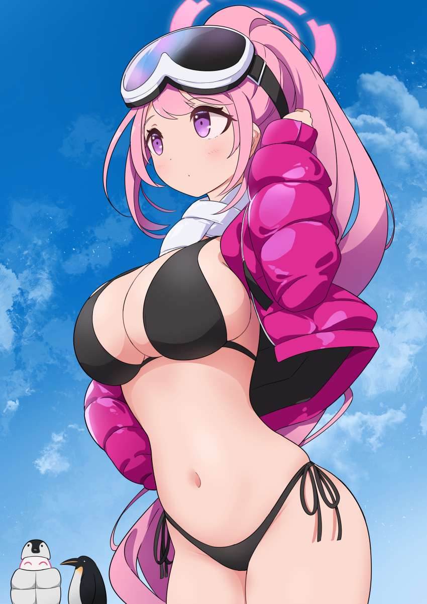 1boy 1girl absurdres animal arona's_sensei_doodle_(blue_archive) bikini bird black_bikini blue_archive breasts cowboy_shot eimi_(blue_archive) eimi_(swimsuit)_(blue_archive) goggles goggles_on_head halo highres jacket kittenlochen large_breasts long_hair long_sleeves navel official_alternate_costume open_clothes open_jacket penguin pink_eyes pink_hair pink_halo pink_jacket ponytail scarf sensei_(blue_archive) side-tie_bikini_bottom swimsuit very_long_hair white_scarf