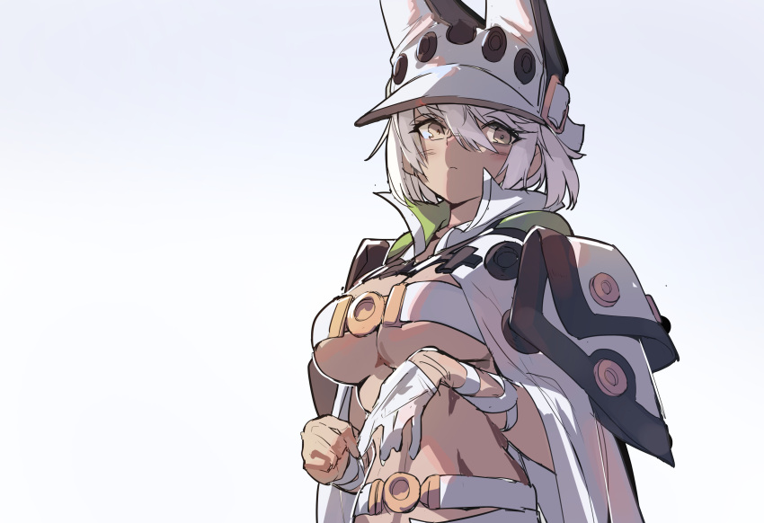 1girl bandaged_arm bandages belt_bra breasts cape dark-skinned_female dark_skin guilty_gear guilty_gear_xrd hat highres huanxiang_huifeng large_breasts looking_at_viewer midriff ramlethal_valentine solo underboob white_background yellow_eyes