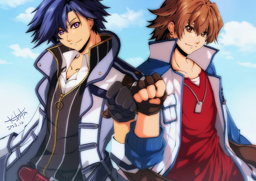 2boys akane_kazami black_gloves black_hair blue_sky brown_eyes brown_gloves brown_hair cloud coat dated dog_tags double-parted_bangs eiyuu_densetsu fingerless_gloves fist_bump gloves hair_between_eyes hajimari_no_kiseki highres jacket lloyd_bannings multiple_boys open_clothes open_coat parted_bangs purple_eyes rean_schwarzer sen_no_kiseki signature sky