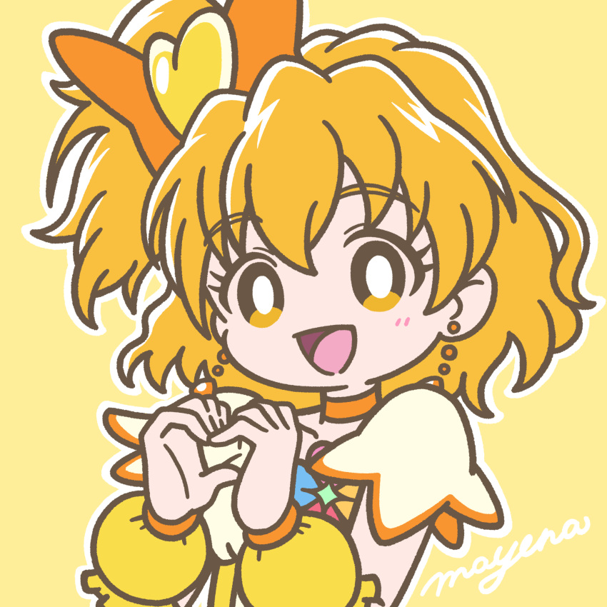 1girl :d blonde_hair bow choker cure_pine earrings fresh_precure! hair_ornament heart heart_hair_ornament highres jewelry magical_girl mayena orange_background orange_choker precure short_hair short_sleeves side_ponytail simple_background smile solo twitter_username wrist_cuffs yamabuki_inori yellow_eyes