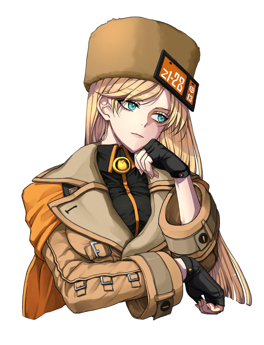 1girl aqua_eyes black_gloves blonde_hair brown_coat coat ebi_pri_shrimp fingerless_gloves fur_hat gloves guilty_gear guilty_gear_strive hat highres long_hair long_sleeves looking_to_the_side millia_rage orange_headwear upper_body ushanka