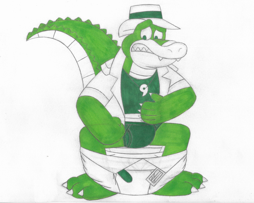 2023 alligator alligatorid anthro biped bottomwear bottomwear_down brok_(character) brok_the_investigator bulge clothed clothing crocodilian green_body hat headgear headwear hi_res humanoid_hands male pants pants_down partially_clothed reptile scalie shirt simple_background sitting soiledkevyn solo toilet topwear underwear white_background