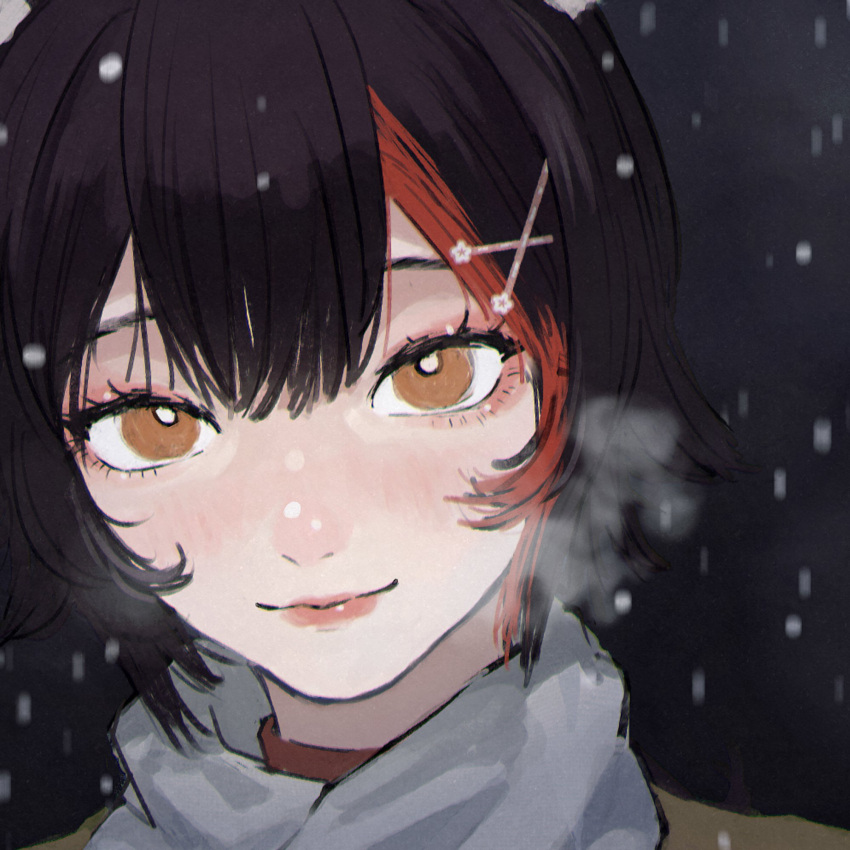 1girl animal_ears black_hair blush brown_eyes center-flap_bangs close-up closed_mouth hair_ornament highres hololive kafan light_blush light_smile lips looking_at_viewer multicolored_hair nose ookami_mio portrait red_hair scarf short_hair smile snowing solo streaked_hair turtleneck white_scarf wolf_ears wolf_girl x_hair_ornament