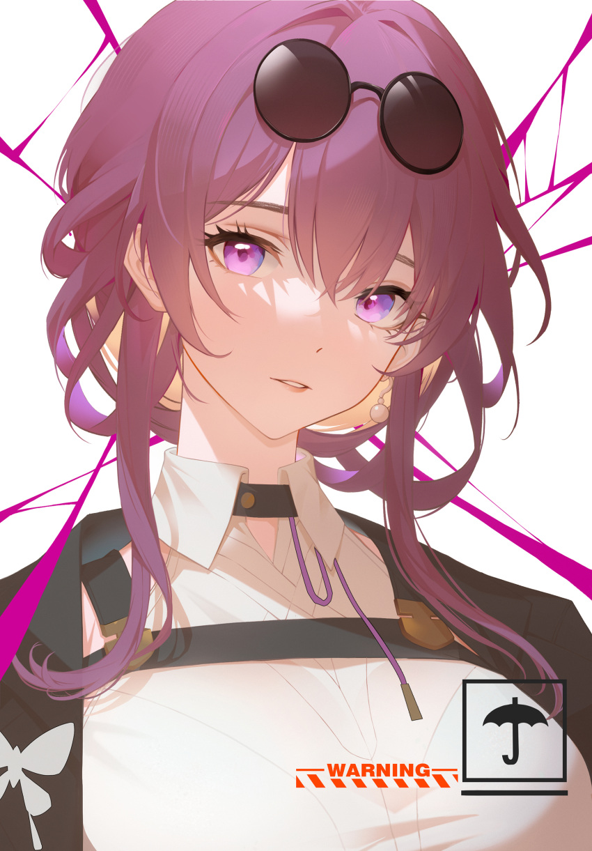 absurdres butterfly_ornament chest_harness collared_shirt commentary_request conghuazi earrings eyewear_on_head harness highres honkai:_star_rail honkai_(series) jewelry kafka_(honkai:_star_rail) long_hair looking_at_viewer parted_lips pince-nez pink_eyes purple_eyes purple_hair shirt sign simple_background single_earring solo umbrella upper_body warning_sign white_background white_shirt