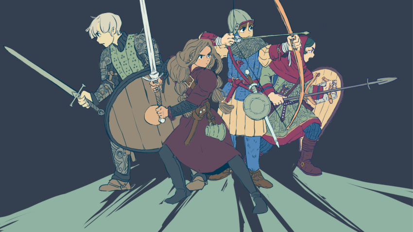 4girls armor black_background boots bow_(weapon) brown_hair buckler claymore_(sword) fighting_stance greaves hanpixe helmet highres long_hair multiple_girls original polearm shield short_hair sword weapon