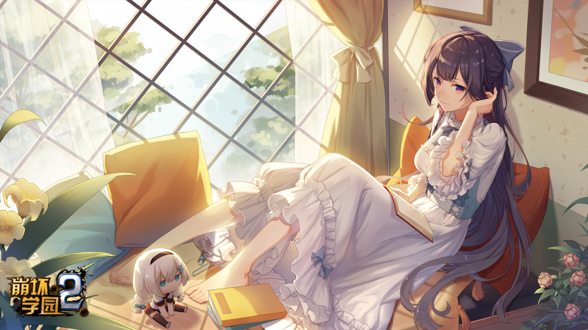 1girl barefoot bed bed_sheet benghuai_xueyuan book bow closed_mouth copyright_name curtains doll flower hair_between_eyes hair_bow hair_ribbon highres honkai_(series) indoors kiana_kaslana long_hair long_sleeves looking_at_viewer official_art painting_(object) pajamas pillow pink_flower plant purple_eyes purple_hair raiden_mei ribbon second-party_source sitting smile solo stuffed_toy tree window yellow_flower