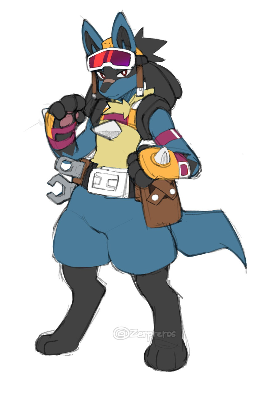 ambiguous_gender anthro armor blue_body blue_fur clothing fur generation_4_pokemon hard_hat headgear helmet hi_res looking_at_viewer lucario nintendo pokemon pokemon_(species) solo zerpreros