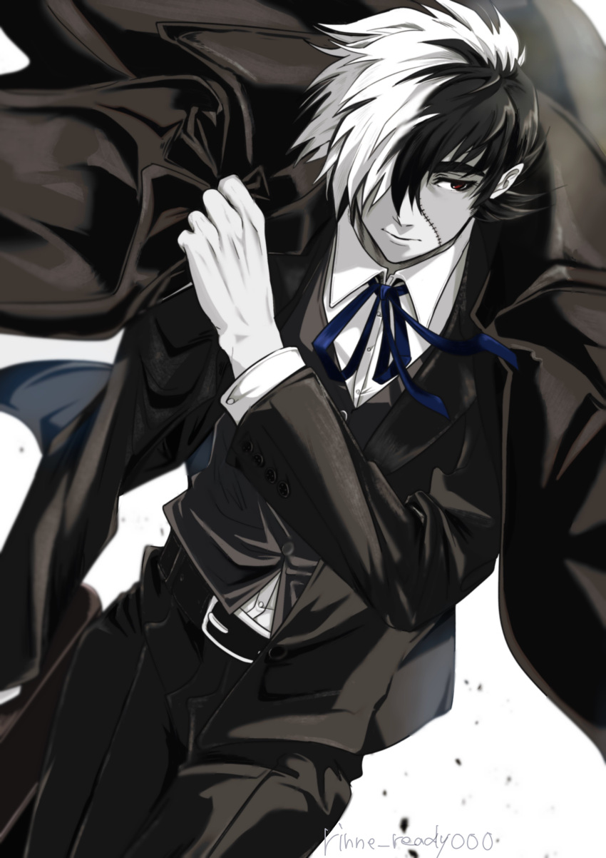 1boy absurdres artist_name belt belt_buckle black_jack_(character) black_jack_(series) blue_ribbon buckle closed_mouth coat collared_shirt dutch_angle hair_over_one_eye hayate_aki highres holding holding_clothes holding_coat long_sleeves male_focus monochrome multicolored_hair neck_ribbon pants patchwork_skin red_eyes ribbon scar scar_on_face shirt short_hair sideburns simple_background solo split-color_hair spot_color stitched_face stitches thick_eyebrows twitter_username two-tone_hair vest walking wing_collar