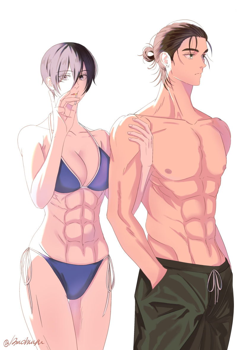 13nohuyu 1boy 1girl abs absurdres bare_arms bare_shoulders bikini black_hair black_male_swimwear black_shorts blue_bikini breasts brown_hair cleavage cowboy_shot eren_yeager grey_eyes hair_between_eyes hair_bun hands_in_pockets highres holding_another's_arm large_breasts looking_at_viewer looking_to_the_side male_swimwear mikasa_ackerman muscular muscular_female muscular_male parted_lips scar scar_on_cheek scar_on_face shingeki_no_kyojin short_hair shorts swimsuit thigh_gap topless_male twitter_username white_background