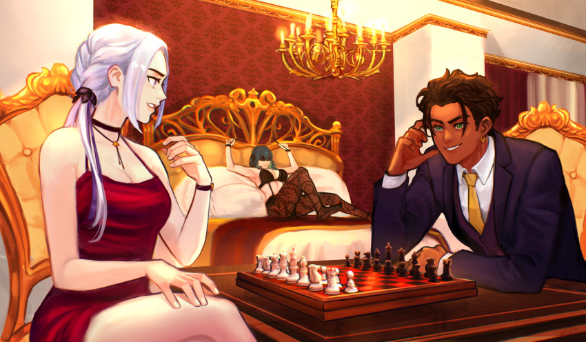 1boy 2girls absurdres bed blindfold blue_hair board_game bound bound_wrists bra breasts brown_hair byleth_(female)_(fire_emblem) byleth_(fire_emblem) chair chandelier chess chess_piece choker claude_von_riegan cleavage dark-skinned_male dark_skin dress earrings edelgard_von_hresvelg english_commentary fire_emblem fire_emblem:_three_houses green_eyes highres indoors jewelry long_sleeves medium_breasts medium_hair multiple_girls necktie pantyhose purple_eyes sethkiel sitting smile suit teeth underwear watch white_hair