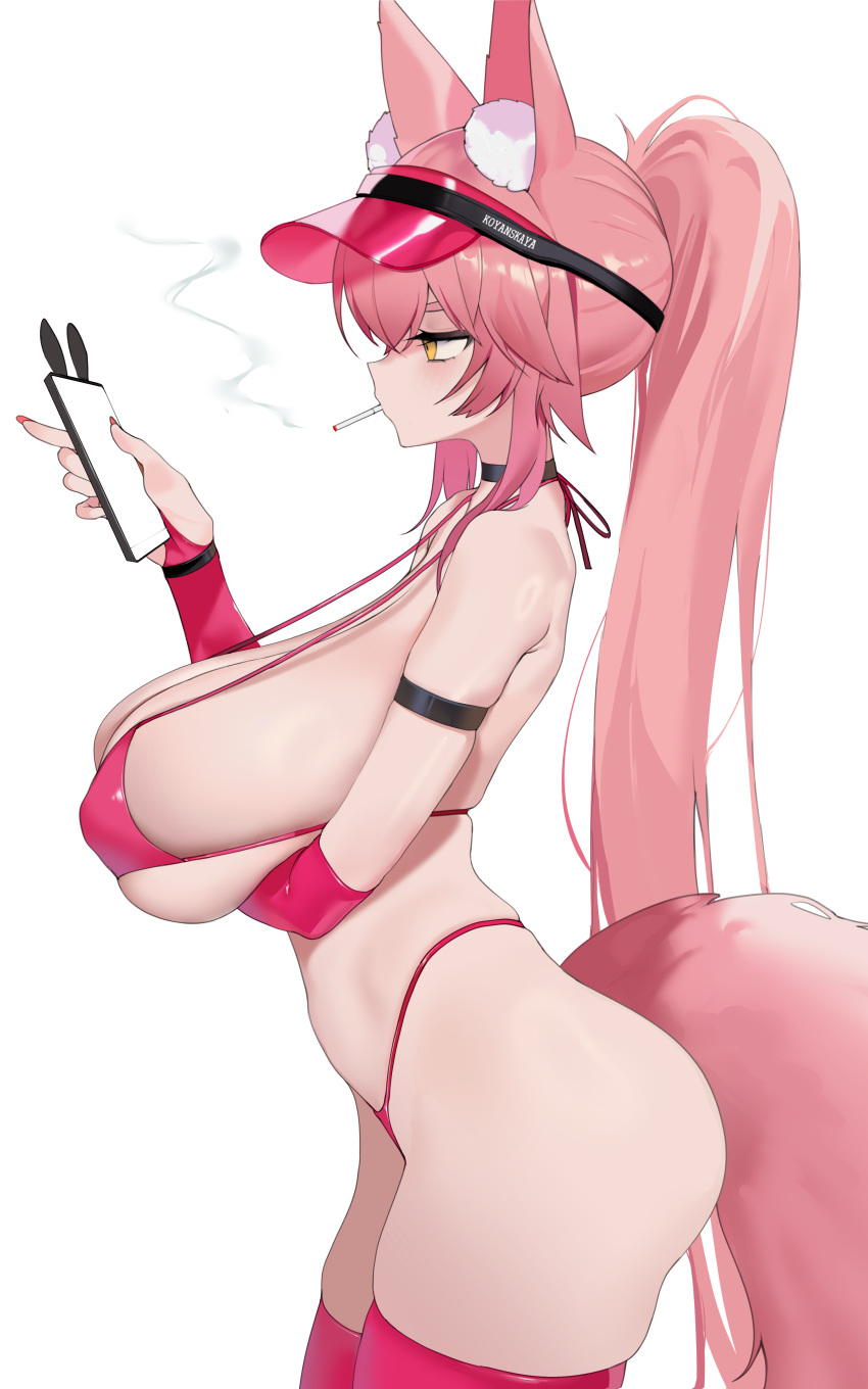 1girl absurdres animal_ear_fluff animal_ears bare_shoulders bikini breasts bridal_gauntlets cellphone choker cigarette cleavage detached_sleeves fate/grand_order fate_(series) fox_ears fox_girl fox_tail hair_between_eyes high_ponytail highleg highleg_bikini highres huge_breasts koyanskaya_(fate) long_hair phone pink_bikini pink_hair pink_headwear pink_thighhighs sidelocks skindentation smoking solo swimsuit tail tamamo_(fate) thighhighs thighs toma50 very_long_hair visor_cap yellow_eyes