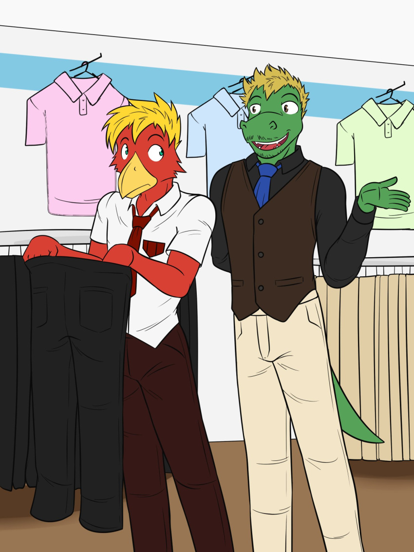 alligator alligatorid anthro avian bird bottomwear clothed clothing clothing_store crocodilian duo fully_clothed fuze hi_res holding_bottomwear holding_clothing holding_object holding_pants male necktie pants reptile scalie shirt topwear tyler_(fuze) vest