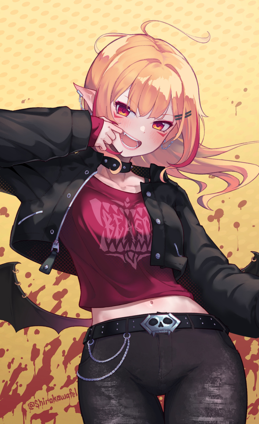 1girl bat_wings belt belt_buckle black_belt black_collar black_jacket black_pants black_wings blonde_hair blood blood_splatter blush buckle chain clothes_writing collar cropped_jacket ear_chain earclip english_text facial_mark fangs finger_in_own_mouth floating_hair hair_ornament hairclip highres jacket long_hair long_sleeves looking_at_viewer low_wings midriff_peek multicolored_hair navel open_mouth original pants pointy_ears polka_dot polka_dot_background red_eyes red_hair red_shirt shirakawafel shirt skull_belt smile solo spiked_collar spikes streaked_hair thigh_gap twitter_username vampire wing_piercing wings yellow_background