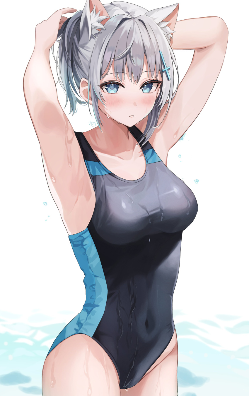 absurdres animal_ear_fluff animal_ears blue_archive blue_eyes cat_ears commentary cross_hair_ornament extra_ears grey_hair hair_ornament highres multicolored_clothes multicolored_swimsuit official_alternate_costume one-piece_swimsuit ponytail rojineco_nene shiroko_(blue_archive) shiroko_(swimsuit)_(blue_archive) swimsuit wet