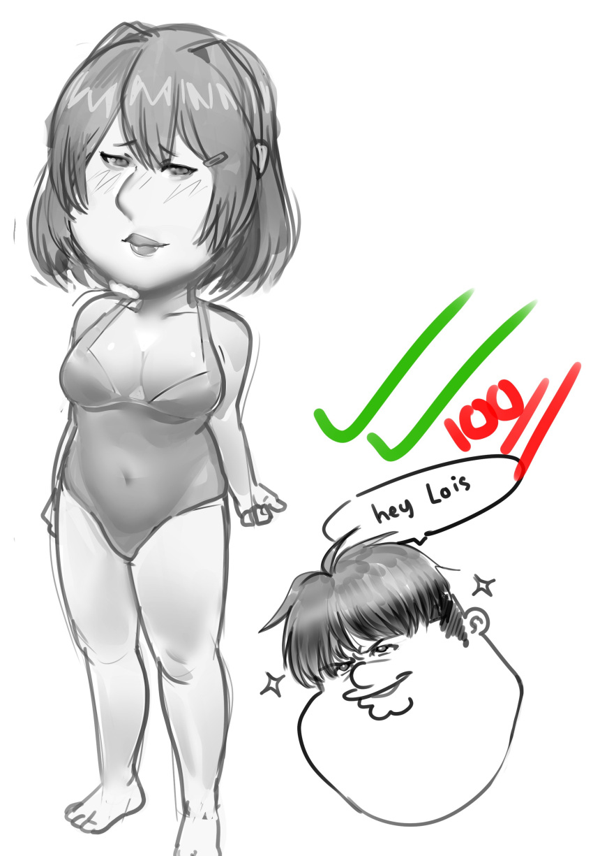 1boy 1girl absurdres character_request cleft_chin copyright_request cosplay double_chin family_guy fat fat_man greyscale highres kowai_(iamkowai) lois_griffin monochrome one-piece_swimsuit peter_griffin short_hair sketch swimsuit