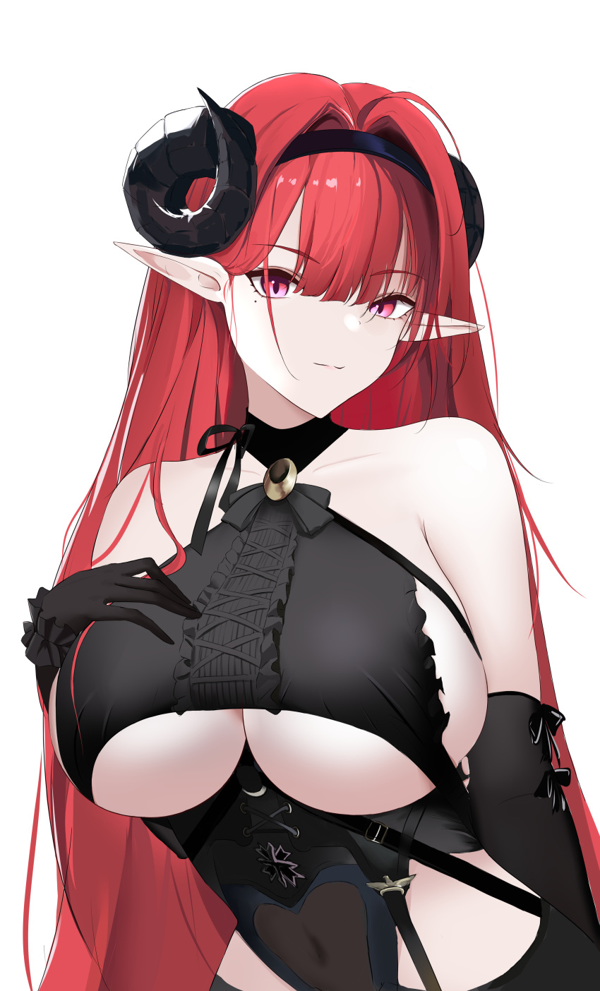 1girl absurdres azur_lane black_bow black_gloves black_hairband black_horns bow breasts center_frills collarbone commentary covered_navel crop_top curled_horns elbow_gloves frills gloves hair_over_shoulder hairband hand_on_own_chest highres hindenburg_(azur_lane) horns large_breasts long_hair mole mole_under_eye pink_eyes pointy_ears red_hair solo underboob wo_meiyou_mao