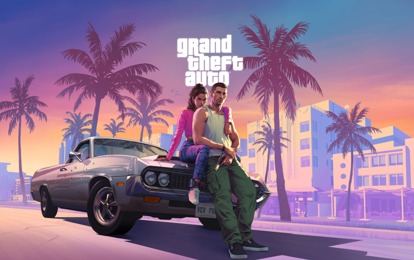 1boy 1girl absurdres arm_over_shoulder black_footwear brown_hair building bullet_hole camouflage camouflage_pants car copyright_name dark-skinned_female dark_skin english_text grand_theft_auto grand_theft_auto_vi green_pants gun handgun highres holding holding_gun holding_weapon key_visual logo lucia_(grand_theft_auto) medium_hair midriff motor_vehicle official_art outdoors palm_tree pants pink_shirt promotional_art purple_pants shirt shoes short_hair sitting_on_car sleeveless tank_top tree weapon white_tank_top