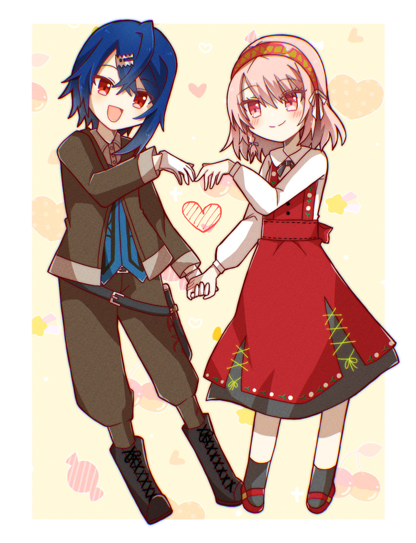 1boy 1girl alcryst_(fire_emblem) blue_hair couple dress fire_emblem fire_emblem_engage gloves hair_ornament hair_ribbon hairband hairclip highres holding_hands jacket lapis_(fire_emblem) looking_at_another open_mouth pink_eyes pink_hair red_dress red_eyes ribbon smile user_mmfe4722 white_gloves