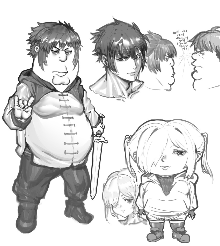 2boys 2girls absurdres child cleft_chin cosplay double_chin english_text family_guy fat fat_man full_body greyscale highres holding holding_sword holding_weapon kowai_(iamkowai) monochrome multiple_boys multiple_girls multiple_views original peter_griffin short_hair siblings stewie_griffin sword twintails weapon