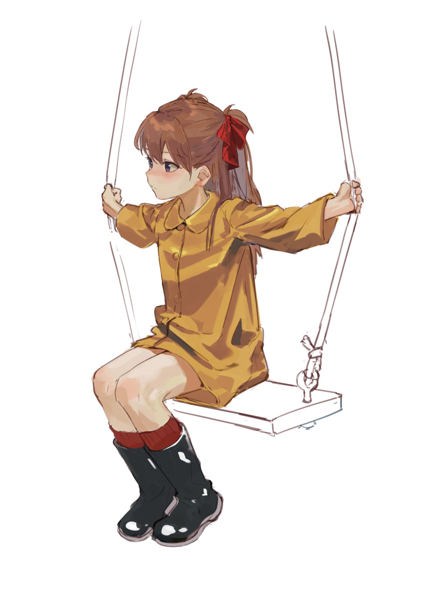 1girl absurdres aged_down black_footwear blue_eyes blush boots dress hair_between_eyes hair_ribbon highres holding holding_rope long_hair looking_ahead neon_genesis_evangelion nose_blush outstretched_arms partially_colored red_hair red_ribbon red_socks ribbed_socks ribbon rope rubber_boots short_dress simple_background sitting socks solo souryuu_asuka_langley swing tss-mire two_side_up white_background yellow_dress