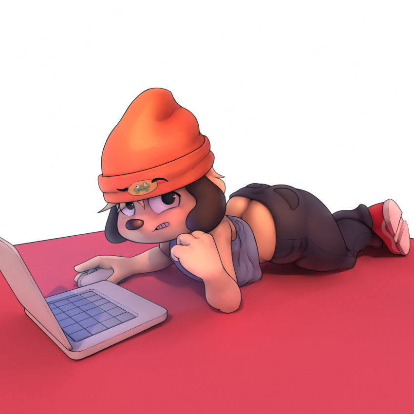 anormaluser anthro ass_up big_butt butt computer electronics girly hi_res laptop looking_at_viewer lying male parappa parappa_the_rapper short_stack solo sony_corporation sony_interactive_entertainment thick_thighs wide_hips yellow_body