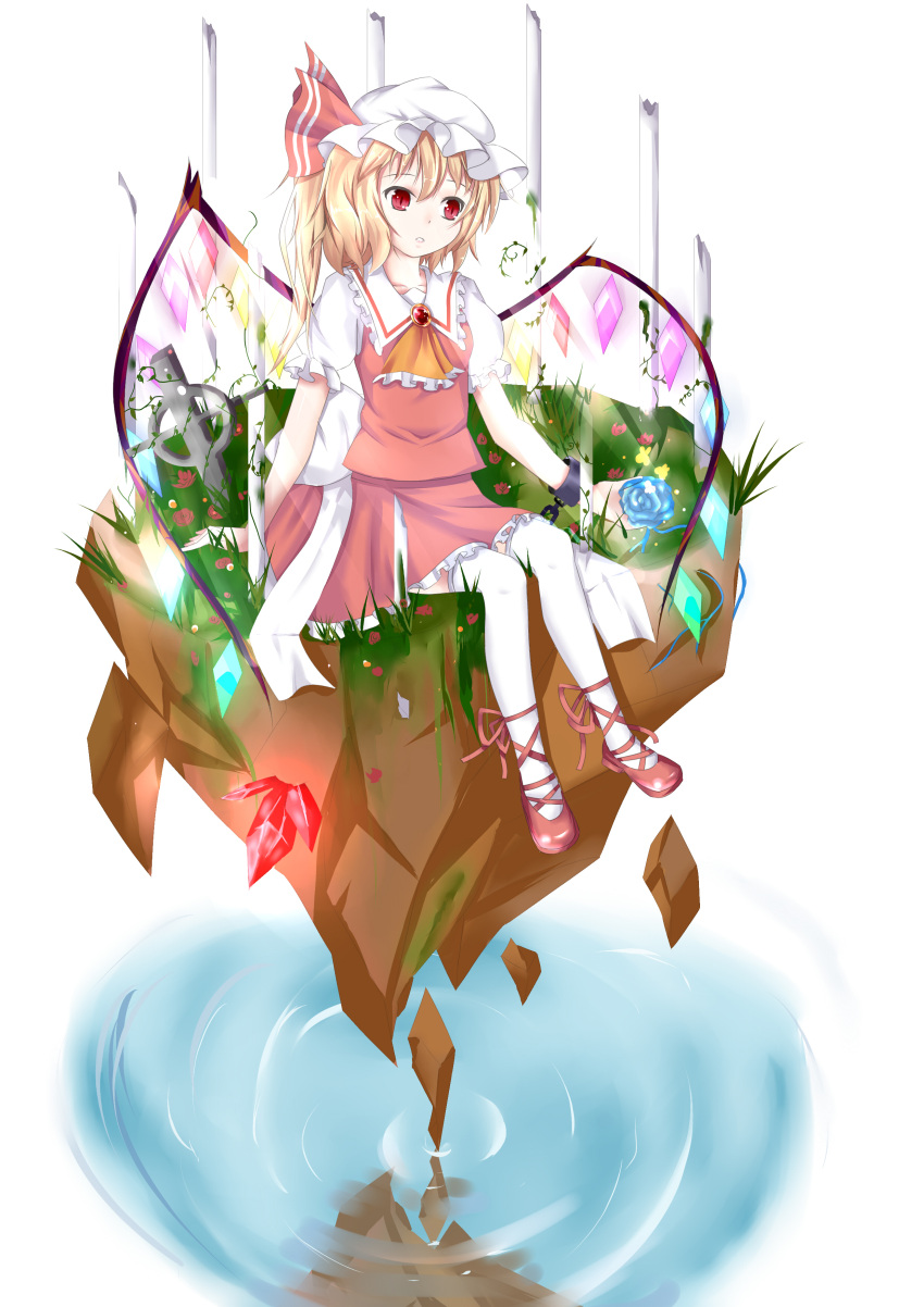 1girl absurdres ascot back_bow blonde_hair blue_flower bow breasts brooch collarbone collared_shirt crystal flandre_scarlet floating_rock flower frilled_ascot frilled_shirt_collar frilled_skirt frilled_sleeves frills full_body glowing glowing_wings grass hands_on_ground head_tilt highres jewelry large_bow mary_janes medium_hair mero_(ly21207) multicolored_wings on_ground open_mouth red_brooch red_flower red_footwear red_skirt red_vest shirt shoes sitting skirt skirt_set small_breasts solo thighhighs touhou vest white_background white_bow white_headwear white_shirt white_thighhighs wings yellow_ascot yellow_flower