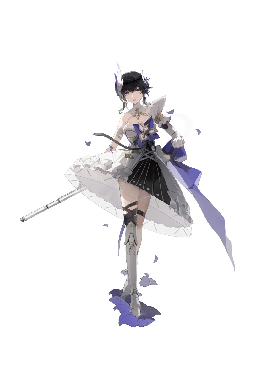 1girl absurdres bandaged_arm bandages black_dress black_hair breasts chenmuo chinese_commentary commentary cross-laced_clothes cross-laced_dress crossed_bangs crossed_legs dangle_earrings dress earrings feather_hair_ornament feathers flower flower_on_chest flute full_body hair_between_eyes hair_ornament highres holding holding_flute holding_instrument instrument iris_(flower) jewelry lace-trimmed_skirt lace_trim looking_at_viewer mechanical_arms mechanical_legs medium_breasts official_alternate_costume on_flower punishing:_gray_raven purple_eyes purple_petals selena:_capriccio_(irisfall_ballad)_(punishing:_gray_raven) selena_(punishing:_gray_raven) short_hair single_bare_shoulder single_earring single_mechanical_arm single_mechanical_leg single_sleeve skirt solo star_(symbol) star_earrings striped striped_skirt tachi-e thigh_strap two-tone_dress vertical-striped_skirt vertical_stripes watson_cross white_background white_dress