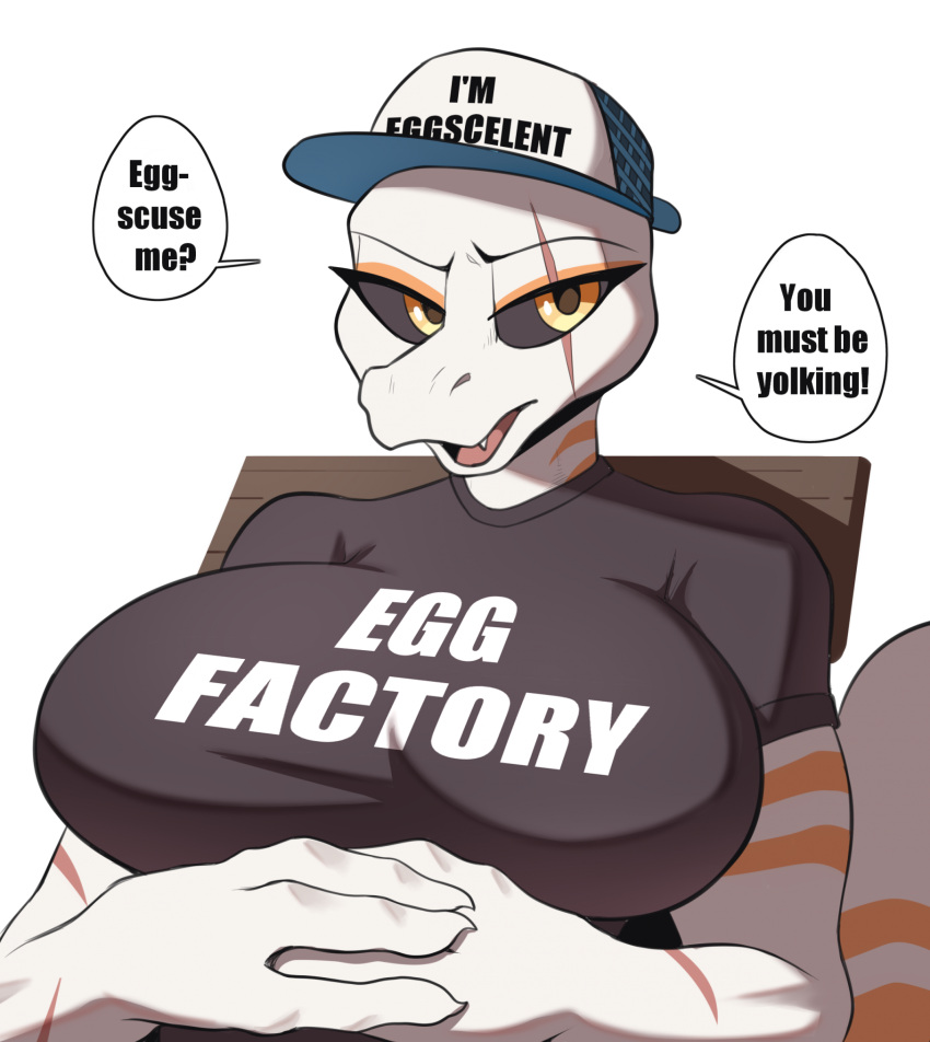 anthro big_breasts breasts clothed clothing colored cooliehigh dialogue digital_media_(artwork) eyelashes female hat headgear headwear hi_res pupils scalie shirt speech_bubble text topwear