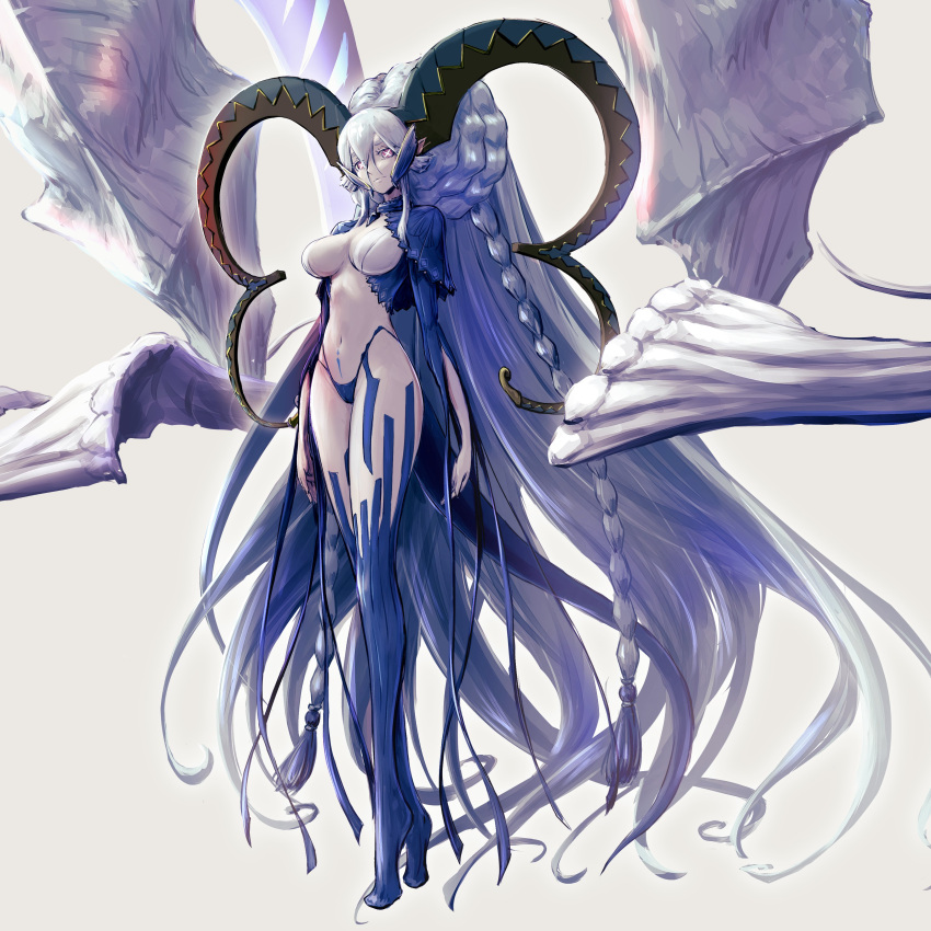 +_+ 152_in_can 1girl absurdres blue_hair braid breasts curled_horns fate/grand_order fate_(series) full_body highres horns large_breasts larva_tiamat_(fate) larva_tiamat_(third_ascension)_(fate) long_hair looking_at_viewer navel pink_eyes pointy_ears pubic_tattoo revealing_clothes solo stomach tattoo tiamat_(fate) very_long_hair