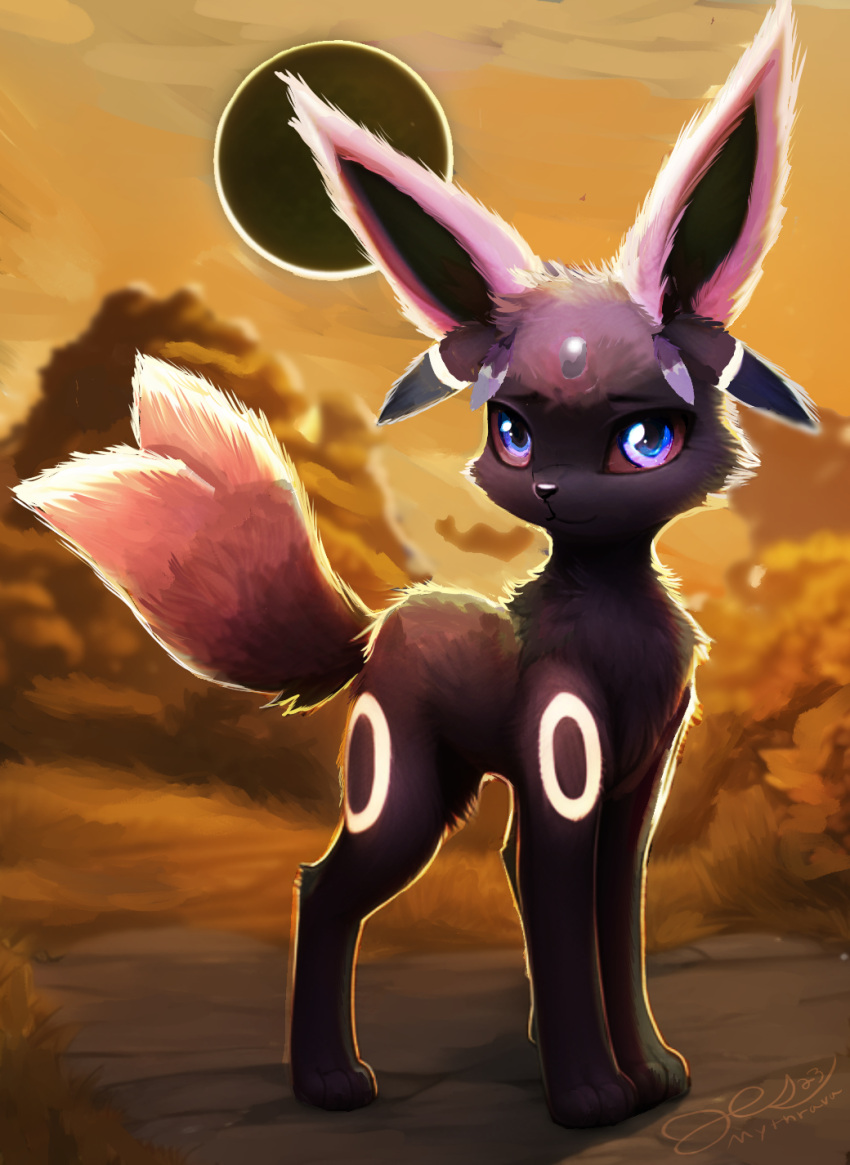 2023 3_toes 4_ears absurd_res ambiguous_gender black_body black_fur black_nose blue_eyes cheek_tuft circle_(marking) cloud digital_drawing_(artwork) digital_media_(artwork) dirt eeveelution espeon eyebrows facial_tuft feet feral fluffy fluffy_ears fluffy_legs fluffy_tail forked_tail fur fur_markings fusion game_freak generation_2_pokemon grass hi_res hybrid leg_markings long_ears looking_at_viewer markings multi_ear multicolored_body multicolored_fur mythrava nintendo orange_sky outside pathway paws plant pokemon pokemon_(species) pokemon_fusion purple_ears quadruped red_sclera signature sky smile smiling_at_viewer solar_eclipse solo standing striped_ears stripes tail toes tuft umbreon umbrespeon unusual_anatomy unusual_tail