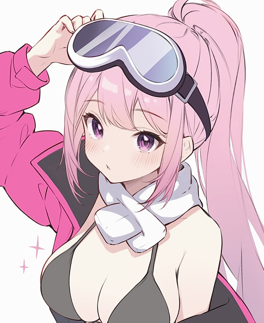 1girl arm_up bikini black_bikini blue_archive blush breasts cleavage eimi_(blue_archive) eimi_(swimsuit)_(blue_archive) goggles goggles_on_head highres jacket large_breasts long_hair long_sleeves looking_at_viewer open_clothes open_jacket parted_lips pink_eyes pink_hair pink_jacket ponytail scarf simple_background solo soybean_(hisoybean) swimsuit upper_body very_long_hair white_background white_scarf