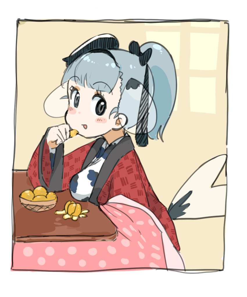 1girl absurdres alternate_costume black_bow blush bow eating fins fish_girl fish_tail food fruit grey_eyes grey_hair grey_kimono hair_bow hanten_(clothes) head_fins highres iwa_(iwafish) japanese_clothes jinmen-gyo_(kemono_friends) kemono_friends kimono kotatsu looking_at_viewer orange_(fruit) ponytail short_hair solo table tail